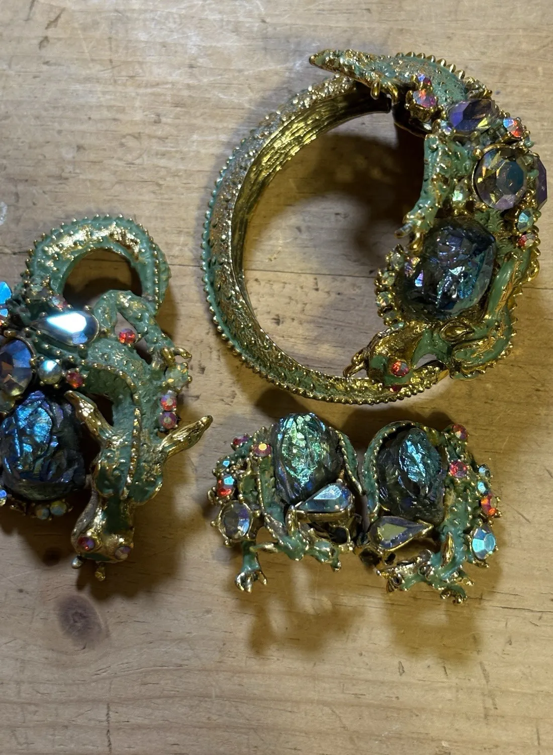 Authentic HAR Vintage Gold Plated Rhinestone Dragon Bracelet Brooch & Earrings Set