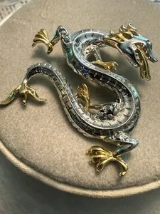 Authentic VTG 2 1/2” SILVERTONE & GOLD PLATED DRAGON PIN- COSTUME JEWELRY