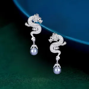 Authentic White Gold Plated Clear Cubic Zirconia Chinese Dragon Dangle Drop Earrings