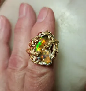 Authentic Handmade Double Dragon Welo Opal 925 Sterling Silver & Gold Plated Ring Size 7