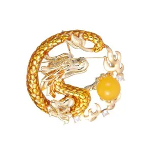 Authentic Gold Plated Cubic Zirconia Gold Enamel Chinese Dragon Brooch Pin