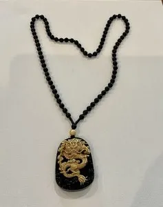 Authentic ESTATE GORGEOUS BLACK OBSIDIAN BEADED NECKLACE W/LGE GOLD PLATED DRAGON PENDANT