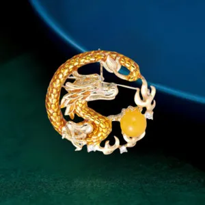 Authentic Yellow Gold Plated Enamel Cubic Zirconia Chinese Dragon Brooch Pin