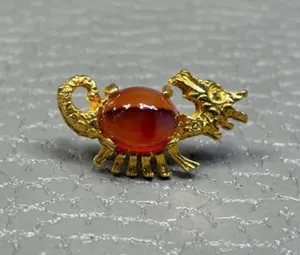 Authentic Figural Seahorse Dragon with Banded Agate Yellow Gold Plated Tie Tack Lapel Pin