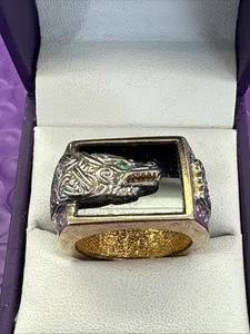 Authentic ❤️Franklin Mint Sterling S Gold Plated Dragon Ring Emerald Eye Onyx Sz 10 1/2