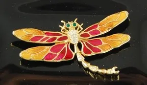 Authentic Vintage Enameled Dragon Fly Pave' Rhinestone Gold Plated Dragonfly Brooch Pin