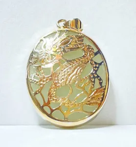 Authentic Vintage Light Green Jade Oval Gold Plated Dragon Motif Pendant
