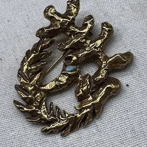 Authentic Signed Hilda Dragon Brooch Brutalist 10k Gold Plated w/ Turquoise Eye