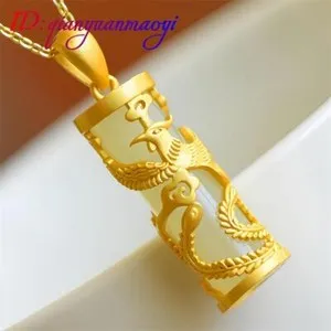 Authentic Natural Jade Dragon Phoenix Pendant Necklace 18K Gold Plated Real Jewelry