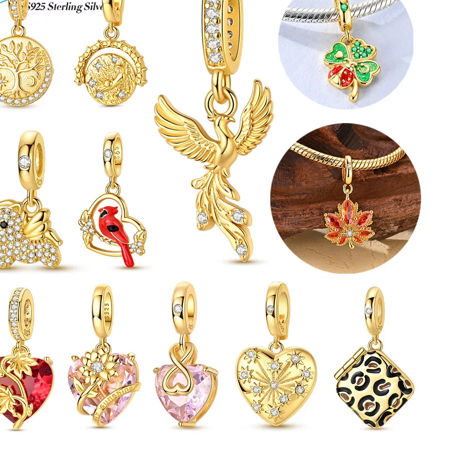 Authentic Gold Plated 925 Sterling Silver Phoenix Unicorn Clover Maple Leaf Heart Beads Fit Bag Charms Bracelet Jewelry Gifts for Women