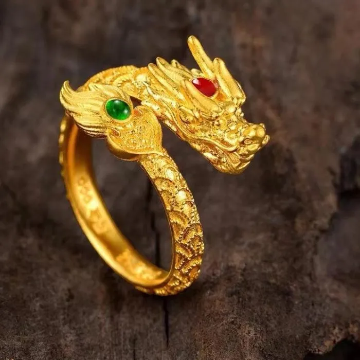 Authentic Charming Gold-plated Adjustable Ring with Dragon Phoenix for Festival Wear