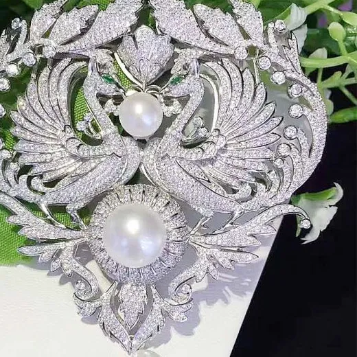 Authentic 18K White Pearl gold plated CZ micro pave Double phoenix charm Brooch