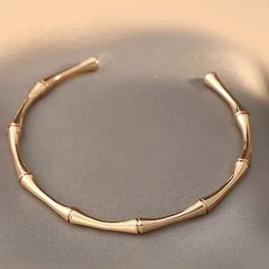 Authentic 14k Yellow Gold Plated Sterling Silver Womens Bamboo Style Cuff Bangle Bracelet