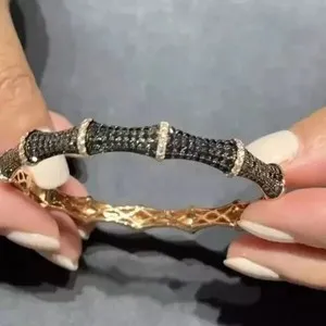 Authentic 5Ct Lab Created Black & White Diamond 14k Yellow Gold Plated Bamboo Bangle