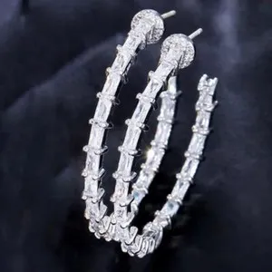 Authentic 2 Ctw Created Diamond 14K White Gold Plated Double Sided Bamboo Hoop Earrings