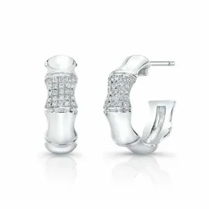 Authentic 2Ct Round Lab-Created Moissanite Bamboo Design Huggie Earrings White Gold Plated