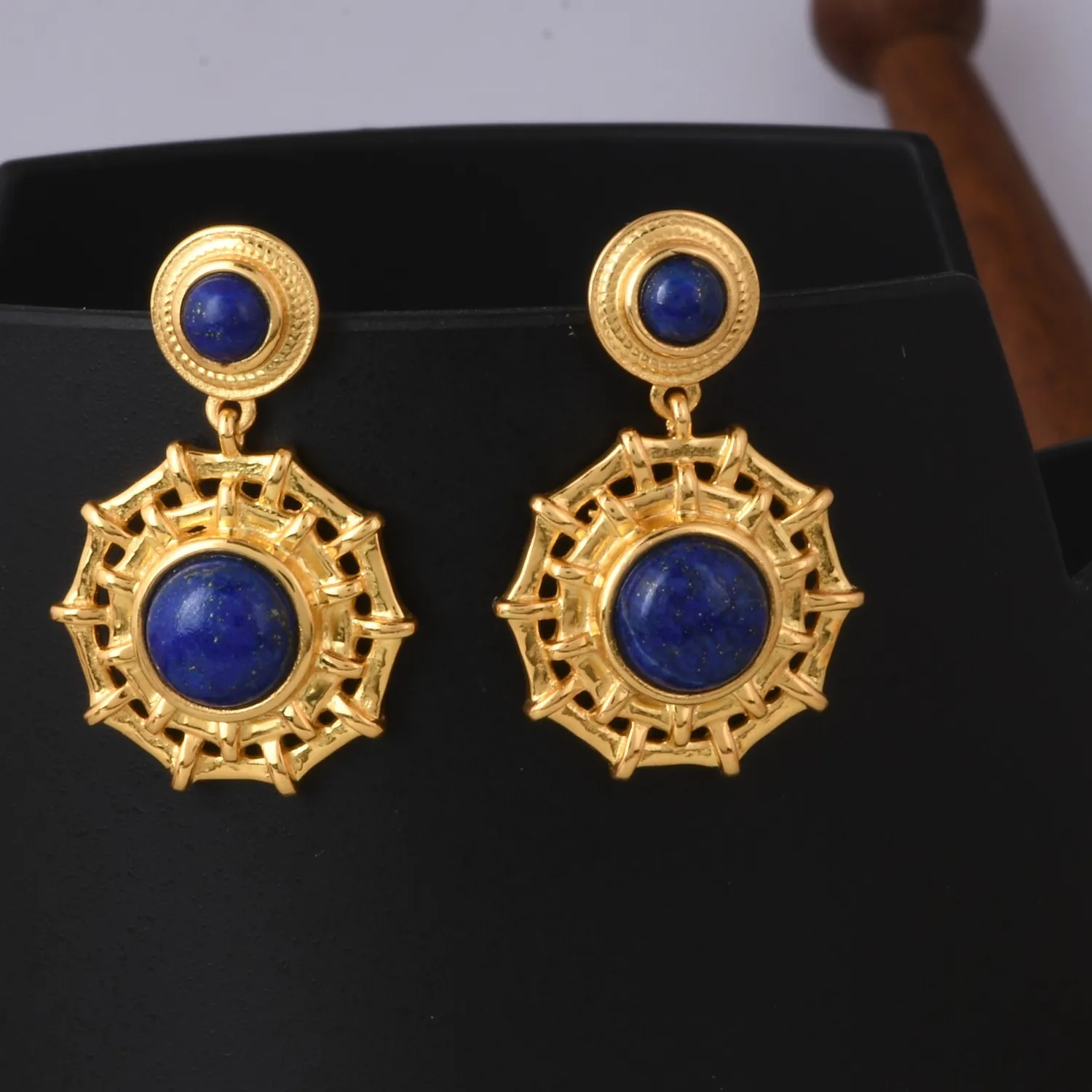 Authentic Gold Plated Bamboo Design Dangle Earrings With Lapis Lazuli Jewelry Gift For Her