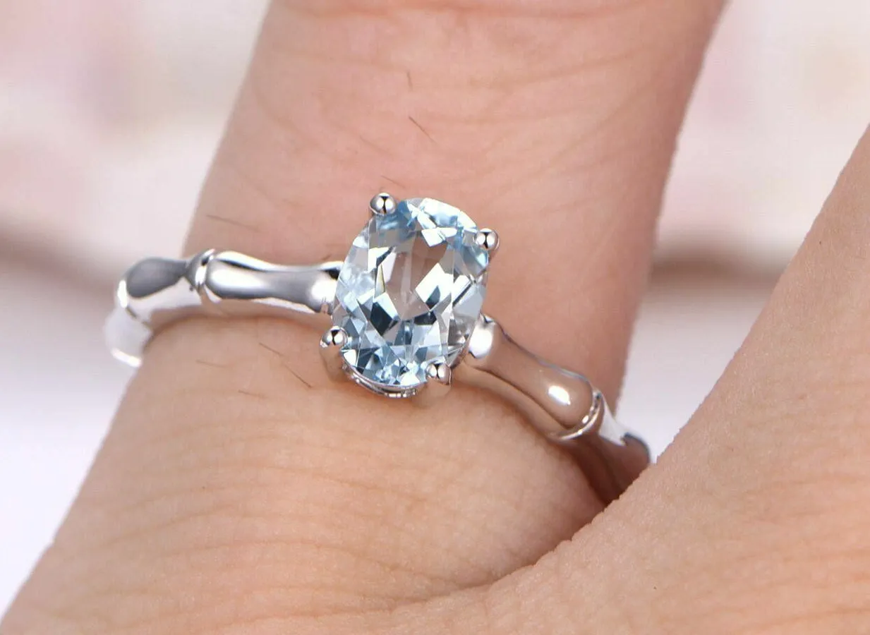 Authentic 2ct Lab-Created Aquamarine Bamboo Design Engagement Ring 14k White Gold Plated