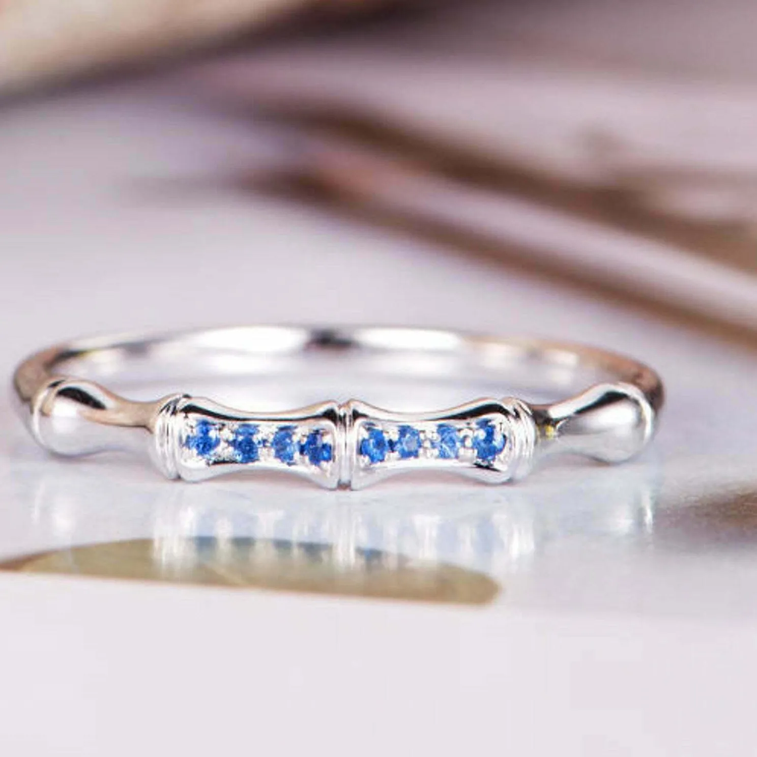 Authentic 0.5ct Natural Sapphire Bamboo Design Wedding Band Ring 14k White Gold Plated