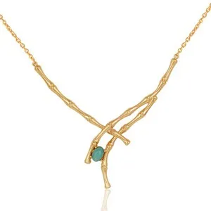 Authentic Bamboo Design 925 Silver Gold Plated Turquoise Necklace Antique Handmade Jewelry