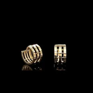 Authentic Huggie Hoop Earrings 14k Yellow Gold Plated Simulated Diamond  3-Row Bamboo