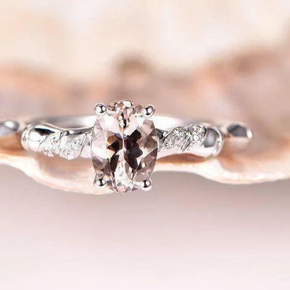 Authentic 2ct Lab-Created Peach Morganite Bamboo Design Engagement Ring White Gold Plated