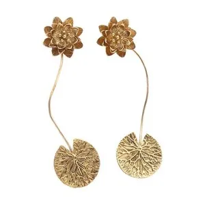 Authentic 925 Sterling Silver Vintage Earrings Gold Plated Lotus Floral Drops  EG13821