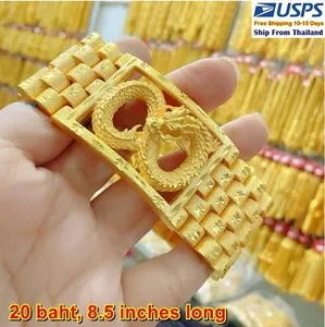 Authentic D12 Carved Dragon Bracelet 24k Gold Plated Men Jewelry Gem Weight 20 Baht 8.5"