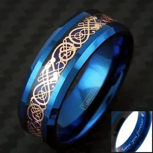 Authentic Engraved 8mm Blue Tungsten Carbon Fiber Rose Gold Plated Celtic Dragon Band Ring