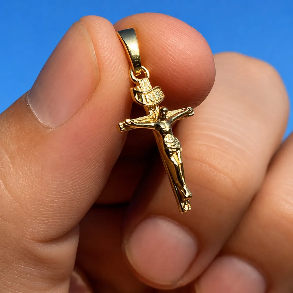Authentic 14K Gold Plated on Solid 925 Sterling Silver Jesus Crucifix Cross Shiny Pendant