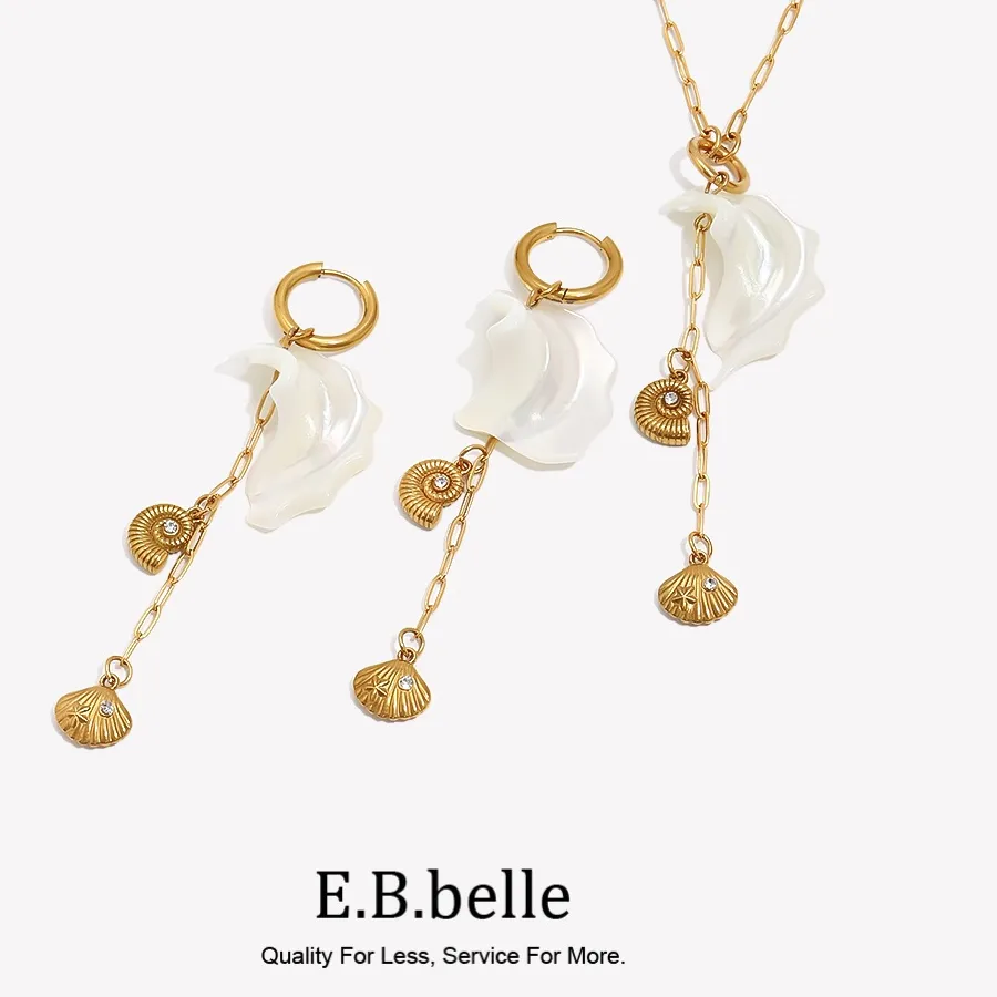 Authentic E.B.belle White Shell Metal Seashell Charm Jewelry Set Hypoallergenic 18K Gold Plated Stainless Steel Women Necklace Earrings