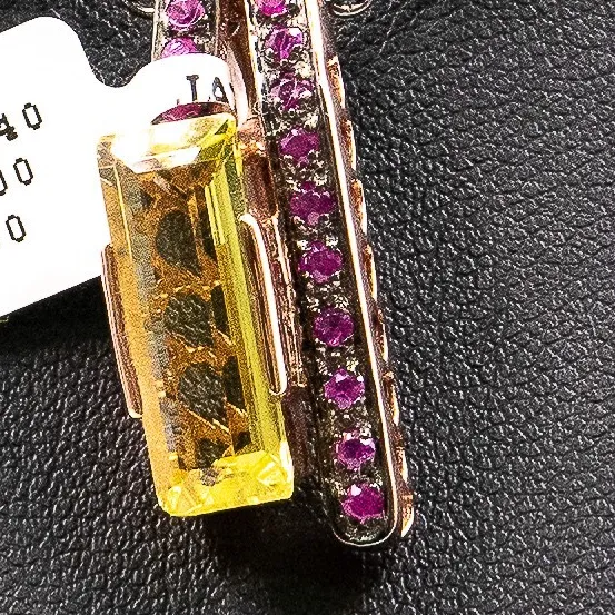 Authentic 3.70ct Lemon Quartz and Ruby 925 Sterling Silver Rose Gold Plated Pendant