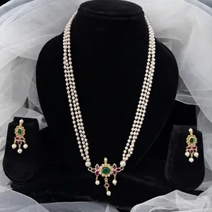 Authentic Gold-Plated Lotus Necklace With Pearls And American Diamond Earrings Set Vintage