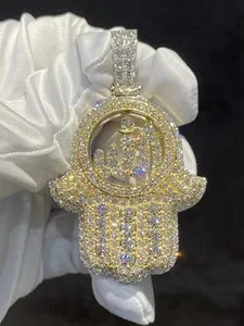 Authentic 2Ct Real Moissanite Hamsa Hand W/Allah Pendant 14K Yellow Gold Plated Silver