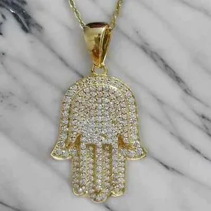 Authentic 14K Yellow Gold Plated Silver 2 Ct Round Cut Real Moissanite Hamsa Hand Pendant