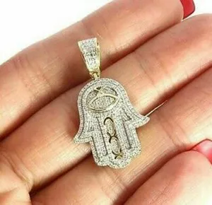 Authentic Real Moissanite 2Ct Round Cut Hamsa Hand Pendant 14K Yellow Gold Plated Silver