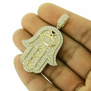Authentic 2Ct Real Moissanite Hamsa Hand Evil Eye Pendant 14K Yellow Gold Plated Silver
