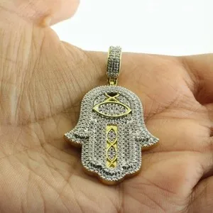 Authentic 2Ct Round Cut Real Moissanite Hamsa Hand Pendant 14K Yellow Gold Plated Silver