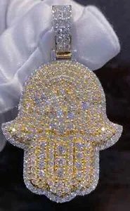 Authentic Men's 2Ct Real Moissanite Hamsa Hand Pendant 14K Yellow Gold Plated Silver