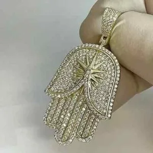 Authentic 2Ct Round Cut Real Moissanite Hamsa Hand Pendant 14K Yellow Gold Plated Silver