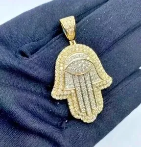 Authentic 2Ct Real Moissanite Men's Hamsa Hand Pendant 14K Yellow Gold Plated Silver