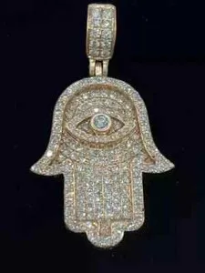 Authentic 2CT Real Moissanite Religious Hamsa Hand Pendant 14k Yellow Gold Plated Silver