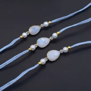 Authentic Rainbow Moonstone Thread Rakhi For Brother Gold Plated Handmade Rakhi 1 piece w4