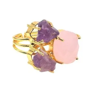 Authentic Amethyst & Moonstone Ring Three Layer Gold Plated Jewelry Adjustable Ring A315