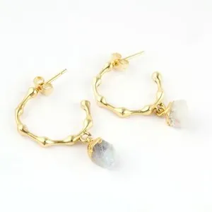 Authentic Tiny 8-10 mm Birthstone Natural Raw Gemstone Gold Plated Bubble Hoop Earrings
