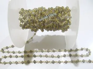 Authentic 3 Feet- Natural Grey Moonstone Wire Wrapped Beaded Rosary Chain 3-4mm.