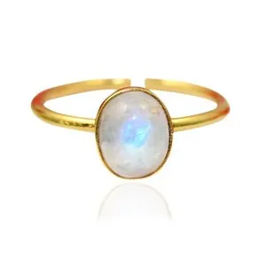 Authentic Natural Fire Blue Moonstone June Birthstone Oval Shape Gold Plated Rings For Her