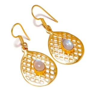 Authentic Shiny Rainbow Moonstone Gemstone Gold Plated Handmade Filigree Drop Earrings