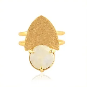 Authentic Natural Gemstone Adjustable Ring Yellow Gold Plated Prong Setting Statement Ring