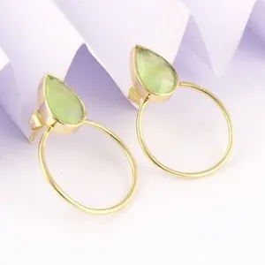 Authentic Peach Moonstone Chalcedony 24k Gold Plated Push Back Hoop Bali Earrings For Her 
